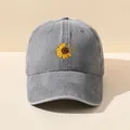 Washed gray cotton baseball cap with embroidered sunflower and butterfly - M (56-58cm) / Gray