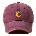 Berretto da baseball in cotone lavato bordeaux con ricamo artistico di girasoli. - M (56-58cm) / Borgogna