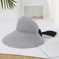 Sombrero de paja gris plegable con ala ancha y lazo negro para protección solar - Gris
