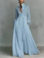 Elegante abito maxi a pieghe blu chiaro a maniche lunghe per vacanze estive e relax - Celeste