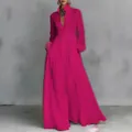 Robe longue élégante plissée à manches longues magenta avec taille haute de style français. - 3XL / Hauts / Rose rouge