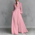 Elegante abito lungo plissettato rosa a maniche lunghe con vestibilità aderente chic - Rosa
