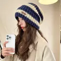 Cozy blue and white striped knitted beanie hat providing winter warmth and style - One Size / Striped / Blue Beige