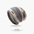 Striped knit beanie slouchy winter hat with 'Hand Made' leather tag - One Size / Striped / Off-White