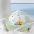 Cute handmade cream puff cake squishy toy in blue and white with a strawberry topper - Strawberry Puff Cake / Blue