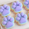 Macro view of 14cm large flocked cat paw squeeze toys with colorful rainbow layers - Four-Color Rainbow Purple