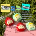 Close-up of cute strawberry and durian fruit babies squeeze toys with detailed product dimensions - Strawberry and Durian Baby Combo / One Pair