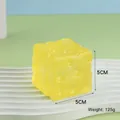 Detailed view of yellow cheese cube squishy toy showing 5cm size and 125g weight details - Maltose Texture Cheese / 5x5 / Translucent Yellow