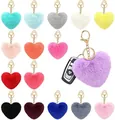Collection of colorful heart-shaped faux fur pom pom keychains for bag and car key decor - Style A - Light Gold Hardware / 16 Pieces Pack