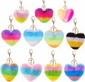 Variety of colorful rainbow heart-shaped faux fur pompom keychains for fashion bags - Light Gold Hardware - 8-Clasp / 11 Pack