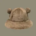 Cute brown plush bucket hat with bear ears for women winter warm fuzzy basin cap - M (56-58cm) / Camel