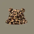 Cute leopard print bucket hat with bear ears for winter warmth and style. - M (56-58cm) / Leopard Print