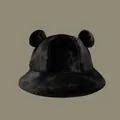 Cute black plush bucket hat with bear ears for women, warm winter style faux fur cap - M (56-58cm) / Black