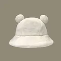 Adorable white plush bucket hat with bear ears, warm winter faux fur basin hat variant - M (56-58cm) / White