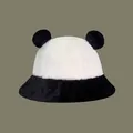 Cute panda design fuzzy bucket hat with plush ears for women warm winter fashion style - M (56-58cm) / White Black