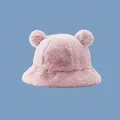 Cute pink fuzzy bucket hat with bear ears, soft winter faux fur warm basin cap for women. - M (56-58cm) / Pink