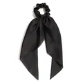 Black satin hair scrunchie with long bow ribbon for women's elegant ponytail hair styling. - Black
