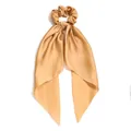 Elegant champagne gold satin scrunchie with long ribbon scarf for stylish ponytail hair - Camel