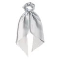 Elegant silver-blue satin hair scrunchie with long trailing ribbons for elegant ponytail - Gray