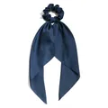 Elegant navy blue satin scrunchie with long triangle ribbons for ponytail hair styling. - Navy Blue