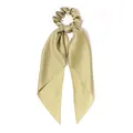Elegant light olive green satin scrunchie with long streamer ribbons for stylish ponytail - Bean Green