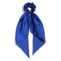Elegant blue satin scrunchie with long ribbon tails for ponytail styling - Sapphire Blue