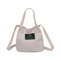 Minimalist beige canvas bucket bag for women with LIVING TRAVELING SHARE decorative patch - White