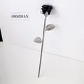 Handcrafted black obsidian rose flower ornament with a detailed silver metal stem - Obsidian (Silver Base) / 23cm