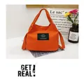 Artistic Japanese style orange canvas bucket bag with crossbody strap and top handle - Orange