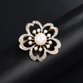 Elegant gold-tone flower shaped brooch with white pearls and sparkling rhinestones for suits - Artificial Pearl Floral Style (XD9139) / Gold
