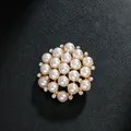Elegant gold-plated round brooch featuring white pearls and sparkling crystal accents - Round Flower Cluster Artificial Pearl Style (XD8757) / Gold
