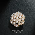 Elegant gold-plated round brooch featuring white pearls and sparkling crystal accents - Round Flower Cluster Artificial Pearl Style (XD8757) / Gold