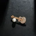 Elegant gold guitar brooch featuring a white pearl and clear rhinestones for suit lapel - Guitar Artificial Pearl Style (XD7197) / Gold