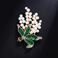 Elegant lily of the valley pearl brooch with green enamel leaves for suits and dresses - Lily of the Valley Artificial Pearl Style (XD823098) / Gold