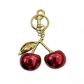 Elegant glossy red cherry keychain with golden leaf detail and sturdy lobster clasp - 3cm / Electroplated Red