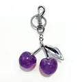 Elegant purple glitter cherry keychain with silver metal leaf and lobster clasp pendant - 3cm / Transparent Purple Silver Rod