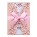 Elegant pink laser-cut wedding invitation with ribbon bow and floral inner card - Light Pink 250G