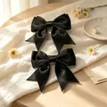 Elegant set of 2 black satin bow hair clips for girls, cute summer hair accessories. - Double Layer Satin Bow / 2 Pcs/Set / Black