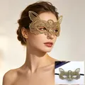 Gold lace masquerade mask for party and Halloween featuring elegant fox eye design - Elf
