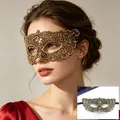 Detailed view of an elegant gold lace masquerade mask for parties, shown on model - Zorro