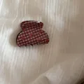 Red gingham and strawberry pattern hair claw clip displayed on white fabric background - Red and White Plaid Strawberry Claw Clip #3
