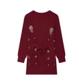Vue détaillée d'un élégant gilet en tricot bordeaux avec des perles en strass argentés - S / Bordeaux