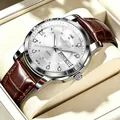 Orologio al quarzo da uomo con doppio calendario, quadrante argento e cinturino in pelle - Cinturino in Pelle Marrone Cassa Argento Quadrante Bianco