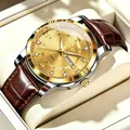 Orologio al quarzo da uomo di lusso con quadrante dorato e cinturino in pelle marrone. - Cinturino in pelle marrone con cassa dorata e quadrante dorato