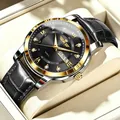 Orologio al quarzo da uomo con quadrante nero, numeri romani dorati e doppia data. - Stile Cinturino in Pelle / Cinturino in Pelle Nera Cassa Oro Quadrante Nero
