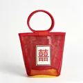 Sac à main en filet rouge pour enfants avec poignée ronde et écusson Double Bonheur - Rouge avec Caractère Xi