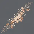 Tocado de novia hecho a mano con hojas doradas, flores de tela y perlas en oro rosa - Diadema de flores y hojas estilo bosque, HS-J7404G