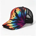 Detailaufnahme der farbenfrohen Tie-Dye-Netz-Baseballkappe mit Pferdeschwanzöffnung - Muster 1 / Erwachsene, Hutumfang 58cm Verstellbar
