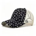 Detail of black baseball cap with white graffiti print and beige mesh ponytail hole - Adult, Hat Circumference 58cm Adjustable / Black and White Graffiti Style
