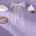 Barrette à cheveux nœud en tulle blanc avec perles pour photo de mariage style princesse - Voile à Nœud Perlé Blanc (HS-J7434)